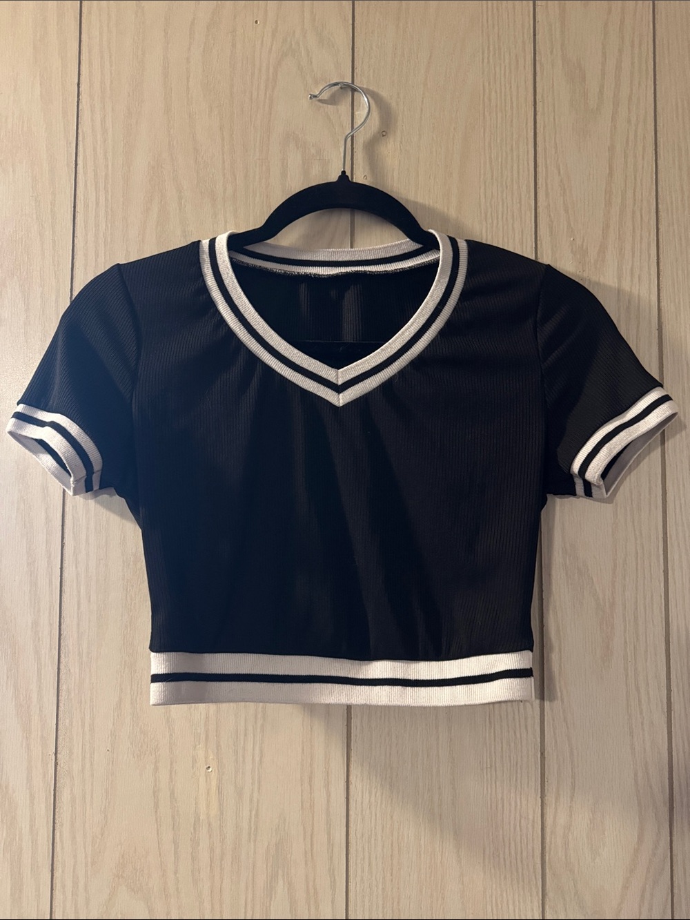 Rue21 Black Cropped V-Neck Tee with White Stripes